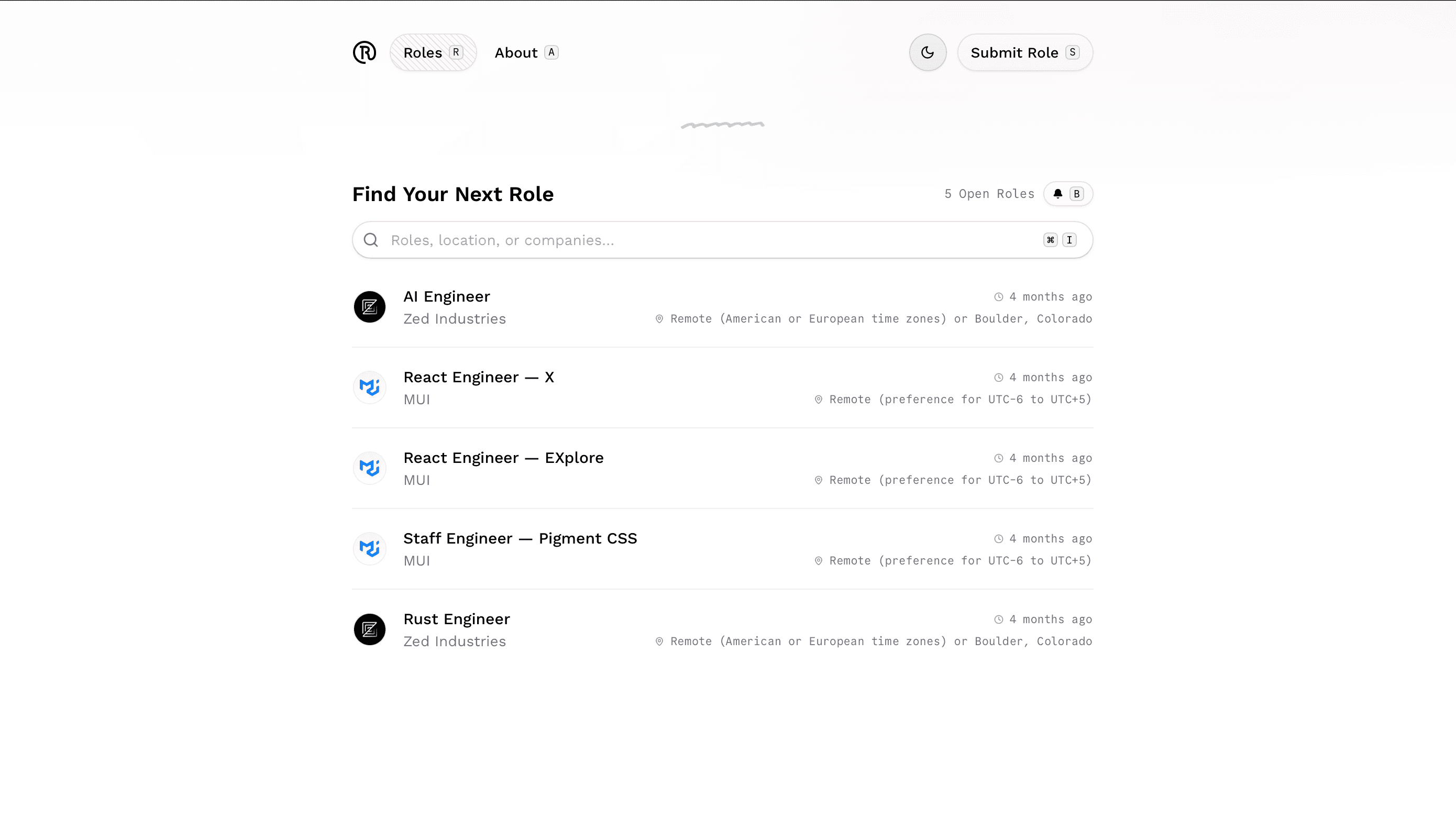 Screenshot of roles.at's UI