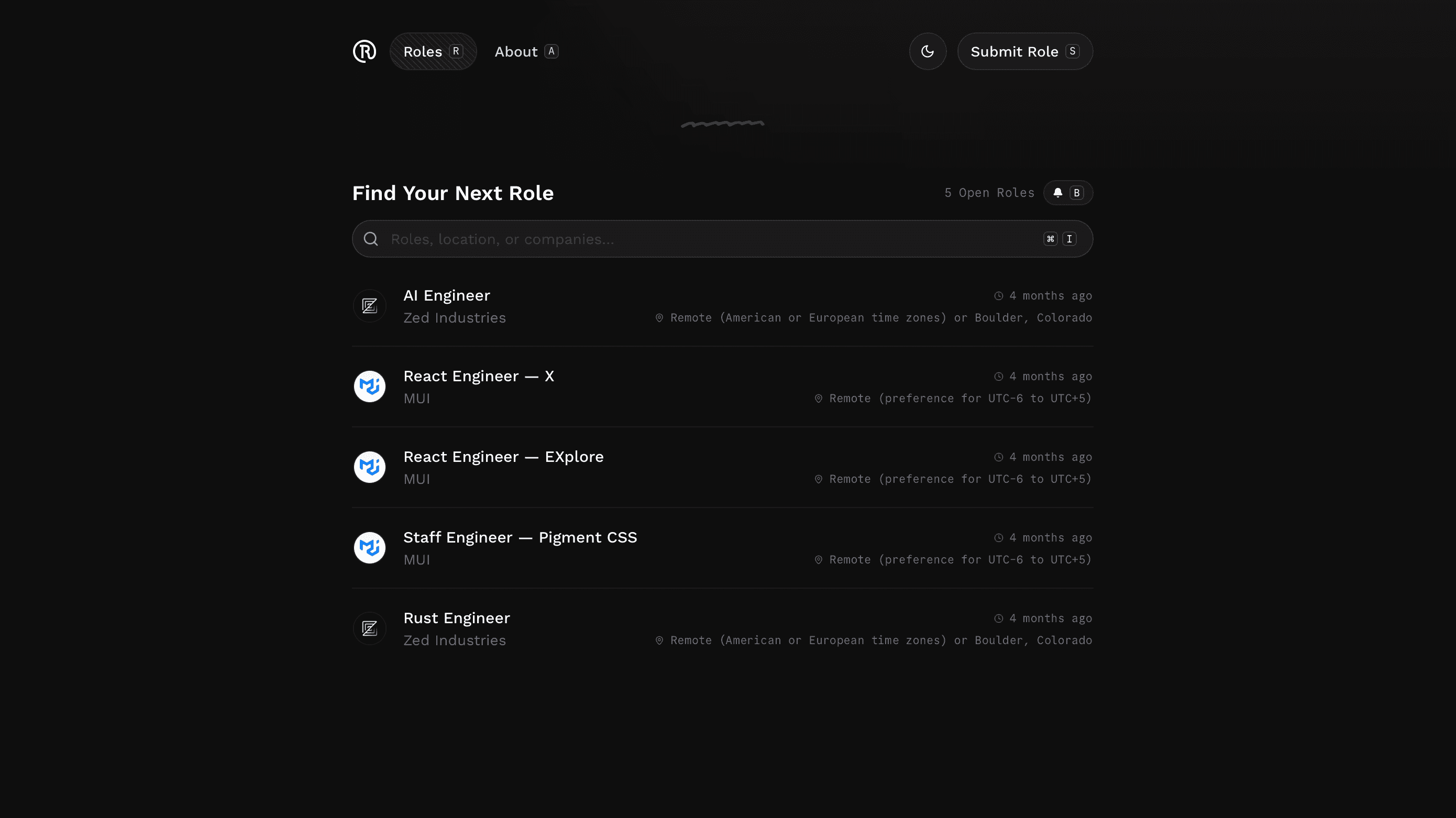 Screenshot of roles.at's UI