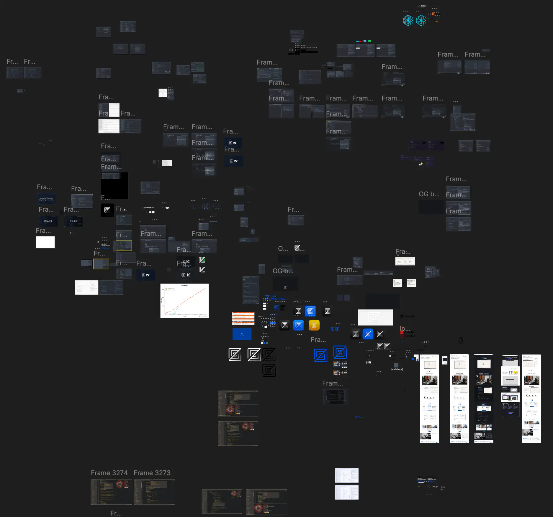 A page full of random explorations for Zed's site redesign from July, 2024.